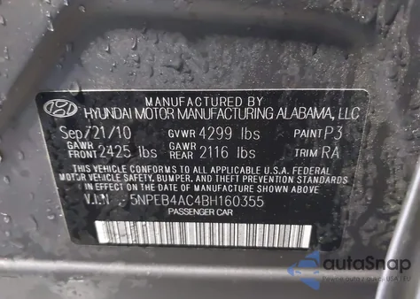 2011 Hyundai Sonata Gls from USA, damaged, VIN 5NPEB4AC4BH160355